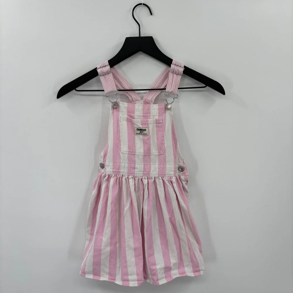 OshKosh B'gosh Overall Dress Kids 5T Pink White Striped Denim Hickory Preppy
